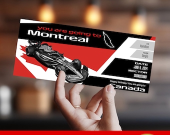 May include: Editable racing ticket template with a black and white illustration of a race car on a red and white Canadian flag background. The text "you are going to Montreal" is at the top of the ticket. The text "EDIT WITH jet TEMPLATE" is in a circle at the bottom right corner of the ticket.