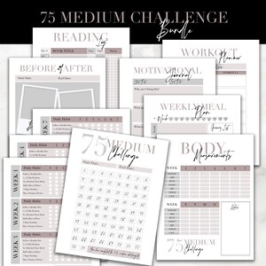 May include: A printable 75-day challenge planner with sections for reading, workouts, motivational journaling, weekly meal plans, and body measurements. The planner has a light grey background with black text and a pink accent colour.