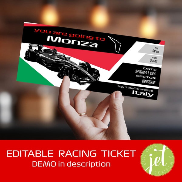 Monza Printable FORMULA Gift Ticket Template Italian Racing | Monza Race circut  | Formula Birthday | Race Car Ticket | Keepsake