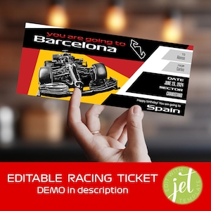 Może przedstawiać: Edytowalny szablon biletu wyścigowego w czerwono-żółto-czarnej kolorystyce. Bilet zawiera kreskówkową grafikę samochodu wyścigowego Formuły 1 i tekst "You are going to Barcelona".