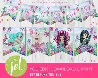 Custom Mermaid Birthday Banner: Editable Party Bunting (Digital File)