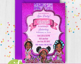 May include: Purple glitter background with a pink and white border. The text "Your invited to a Spa Party!" is in a white font. The text "Miandi is turning 6 Saturday February 12, 2022" is in a white font. The text "From 3:30 to 5:00 PM 6512 Lake Road Lake Orion, MI, 89143 RSVP Shaldine 898 345 7390" is in a white font. Three cartoon girls with dark skin are wearing pink bathrobes and have their hair in rollers. The girls are holding spa items like a face mask, a bottle of lotion, and a makeup brush.