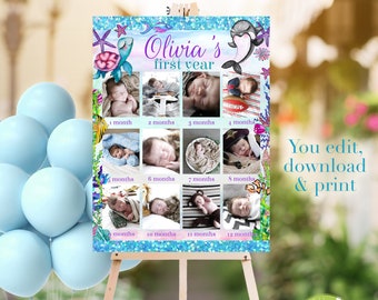 May include: A printable baby's first year photo collage with a mermaid theme. The collage features a blue and green background with a mermaid, a turtle, and a starfish. The collage is divided into 12 squares, each with a photo of a baby at a different age. The text "Olivia's first year" is at the top of the collage.