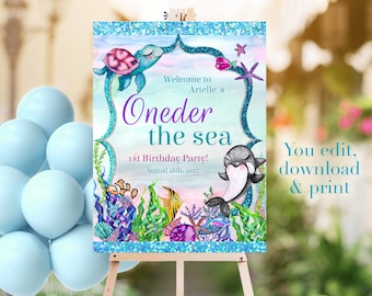 PRINTABLE Oneder The Sea First Birthday Party Welcome Sign, Sea Animals ,  Sea Creatures Summer Beach Underwater Party Decor