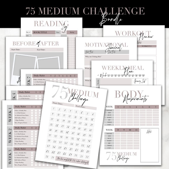 75 Medium Challenge Tracker Bundle: Fitness Journal (Digital Download)