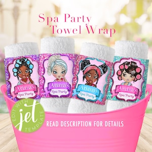Envoltório de toalha para festa de spa, lembrancinhas de aniversário de spa, decorações de festa de spa, festa de spa editável, festa de spa para meninas