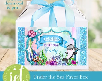 May include: White favor box with a blue ribbon, featuring an "Under the Sea" theme. The box has a label with a watercolor design of marine life, including a turtle, orca, and fish. Text on the label reads "Arielle's birthday Party".