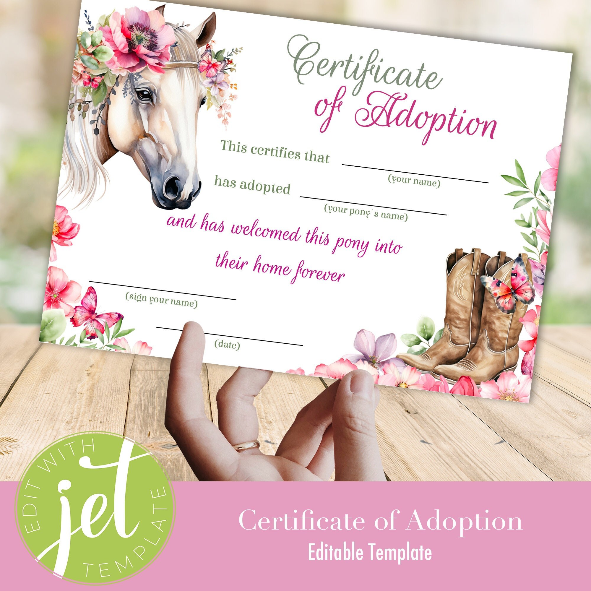 EDITABLE Certificate Horse Adoption, Horse Birthday Adopt a Pony ...