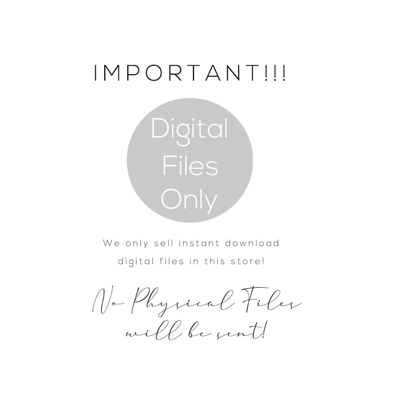 Może przedstawiać: Szare koło z tekstem "Digital Files Only" w środku. Tekst "IMPORTANT!!!" znajduje się nad kołem. Pod kołem znajduje się tekst "Sprzedajemy tylko pliki cyfrowe do natychmiastowego pobrania w tym sklepie! Nie wysyłamy plik&oacute;w fizycznych!"