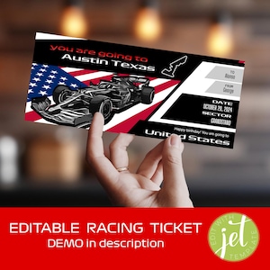 May include: Editable racing ticket template with a black and white illustration of a race car on a red, white, and blue American flag background. The text "you are going to Austin Texas" is at the top of the ticket. The ticket also includes the text "TO Alonso FROM George DATE OCTOBER 20, 2024 SECTOR GRANDSTAND Happy birthday! You are going to United States".