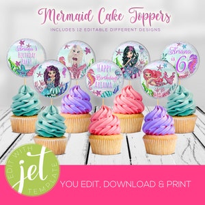 12 Custom Mermaid Cupcake Toppers, Mermaid Party Decor, Instant Download, EDITABLE
