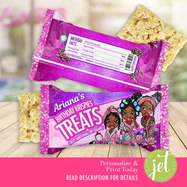 EDITABLE Spa Party Birthday Rice Squares Label Treats Labels Spa Party for Girls Printables | African American | Rice Treats 0.78oz or 22g