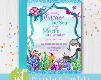 Puede incluir: Una invitación a una fiesta de cumpleaños de primer año con temática de mar, con una tortuga, una ballena y una estrella de mar. La invitación dice "Join us Oneder the Sea to celebrate Arielle 1st Birthday June | 20 | 2pm 6512 Lake Road, Lake Orion, MI, 89056 Kindly RSVP to Shaldine 898 345 7390"