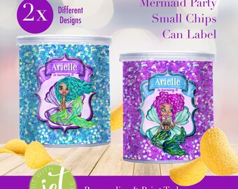 Etiqueta para lata de mini chips de fiesta de sirena: Sirena afroamericana (archivo digital)