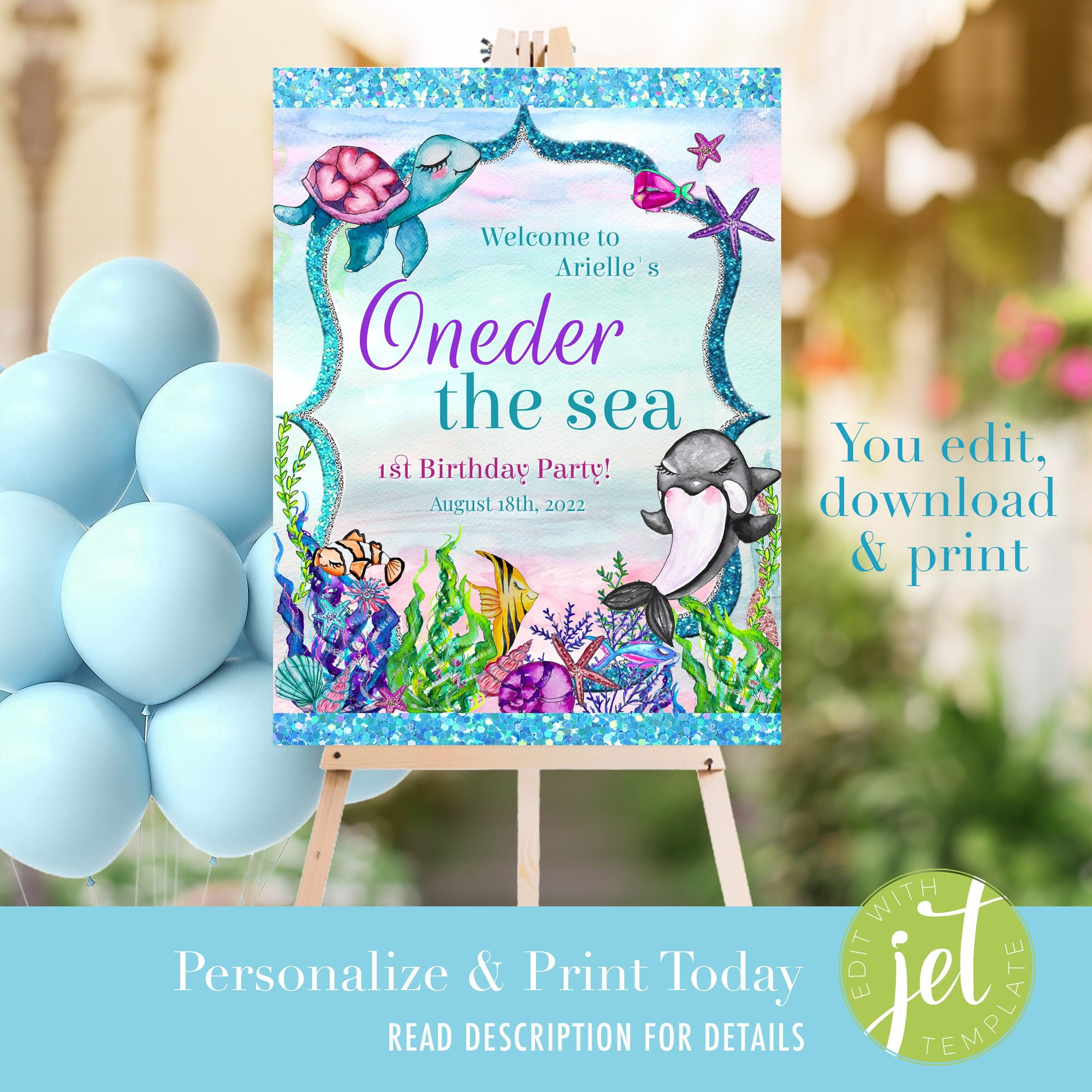 PRINTABLE Oneder the Sea First Birthday Party Welcome Sign, Sea
