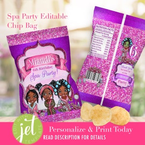Spa Party Chip Bags EDITABLE, Spa Birthday Candy Bag, Printable, Birthday Favors Chip Bag Template, Pamper Party, Sleepover, Slumber Party