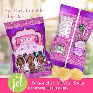 Spa Party Chip Taschen EDITABLE, Spa Geburtstag Candy Bag, Printable, Geburtstag Gastgeschenke Chip Bag Template, Pamper Party, Sleepover, Schlummerparty