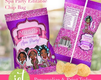 Spa Party Chip Bags EDITABLE, Spa Birthday Candy Bag, Printable, Birthday Favors Chip Bag Template, Pamper Party, Sleepover, Slumber Party