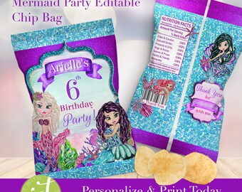 Mermaid Birthday Party Chip Bag: Editable Favor (Digital File)