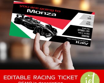 May include: Editable racing ticket template featuring a black and white illustration of a racing car on a red, white and green background. The text "You are going to Monza" is at the top of the ticket. The ticket is for September 1, 2024, in Italy.