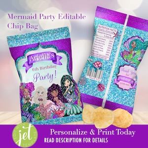 Mermaid Party Favors Chip Bags EDITABLE | African American Mermaid Birthday Decoration Candy Bag | Afro Mermaid | Mermaid Baby Shower