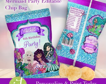 Mermaid Birthday Chip Bag Favors: Editable Party Decoration (Digital File)