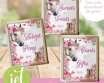 May include: Three printable signs with a cowgirl theme. Each sign features a watercolor illustration of a horse with a floral crown and butterflies. The signs say "Adopt a Pony", "Sweets & Treats", and "Cards & Gifts".