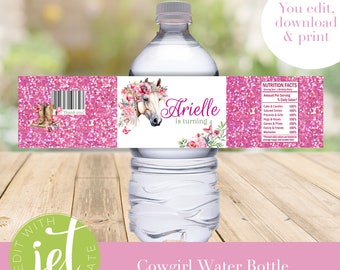 Editable Horse Birthday Water Bottle Label: Pink Floral Cowgirl Party (Digital Download)