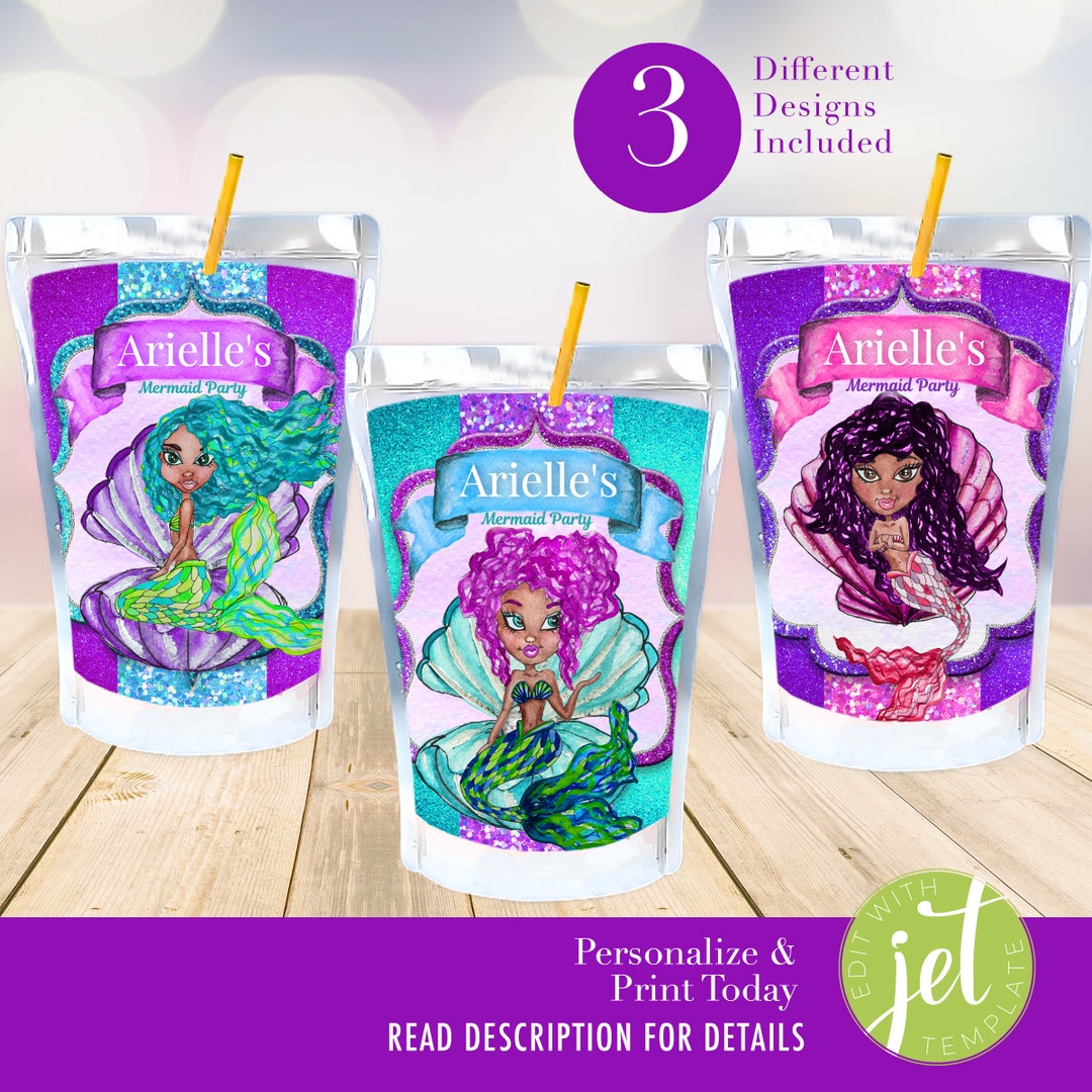 Editable African American Mermaid Party Juice Pouch Labels, Mermaid
