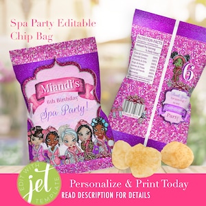 May include: A purple and pink chip bag with a glitter background. The front of the bag has a pink and white oval with the text "Miandi's 6th Birthday Spa Party!" and an illustration of five girls with spa treatments. The back of the bag has a nutrition facts label and a thank you message.