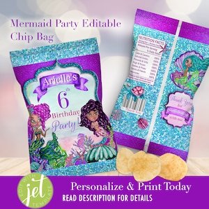 Mermaid Party Favors Chip Bags EDITABLE | African American Mermaid Birthday Decoration Candy Bag | Printable Birthday | Mermaid Baby Shower