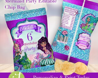 Mermaid Birthday Chip Bag: Editable Party Favors (Digital File)