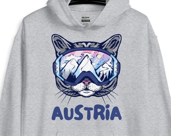Austria Pullover Felpa con cappuccio, Funny Cat Ski Goggles Winter Hoodie per sciatori Snowboarders, Austria Souvenir, Austria Jumper, Austria Sweatshirt