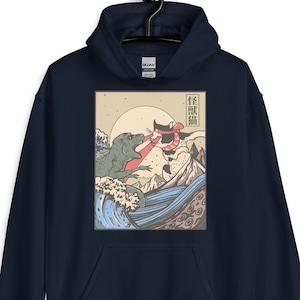 Japanese Cat Fighting Sea Monster, Kaiju Cat Hoodie, Japanese Retro Jumper, Japanese Monster Pullover, Laser Eyes Cat, Gift for Cat Lovers