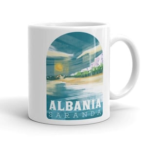 Saranda Albanian Riviera Watercolor Coffee Mug, Sarande Albania Beach Tea Cup, Saranda Albania Souvenir, Albanian Gift, Albania Mug
