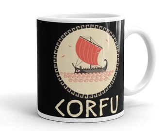 Corfu Coffee Mug, Greece Tea Cup, Greek Islands Mug, Ionian Sea Mug, Corfu Souvenir, Corfu Gift, Trireme Sailboat Mug, Greece Sailing Mug