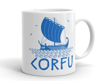 Corfu Coffee Mug, Greek Islands Mug, Ionian Sea Mug, Greece Tea Cup, Corfu Souvenir, Corfu Gift, Trireme Sailboat Mug, Greece Sailing Mug