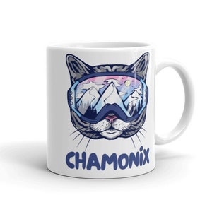 Chamonix koffiemok, Chamonix theekop, Franse Alpen mok souvenir, grappige winter mok, skiën kat mok, kat skiër mok, cadeau voor skiër snowboarder