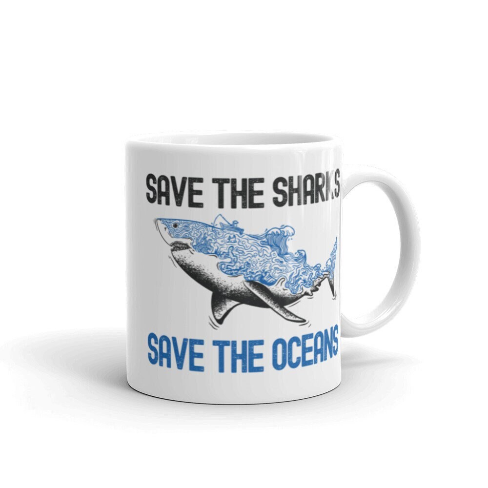 Save The Sharks Save Oceans Coffee Mug, Ocean Conservation Shark Lover Activist Seascape Week Tea Cu