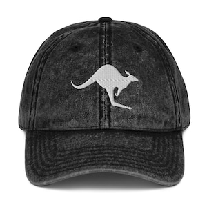 Kangaroo Vintage Hat – Minimalist Washed Dad Cap, Aussie Travel Gift, Kangaroo Silhouette Cap, Adjustable Cotton Twill Hat, Australia Gift