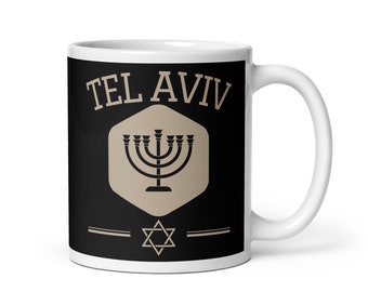 Tel Aviv Israel Coffee Mug, Tel Aviv Tea Cup, Tel Aviv Mug, Tel Aviv Souvenir, Star of David Menorah Mug, Tel Aviv Gift