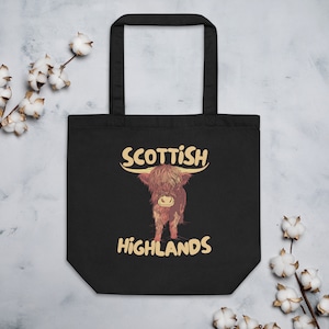 Scotland Organic Cotton Eco Tote Bag, Scottish Highlands Tote Bag, Scotland Souvenir, Highland Cow Tote Bag, Highland Cattle Reusable Tote