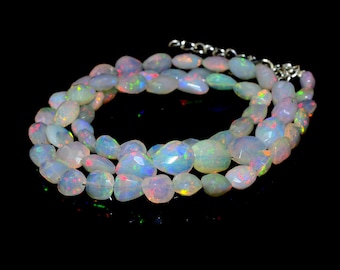 Ethiopian Opal Beaded Necklace: Faceted Cut Nugget Gemstone, 16-17 Inch
