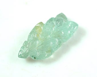 Hand Carved Aquamarine Gemstone: Mughal Leaf Carving (32x15mm)