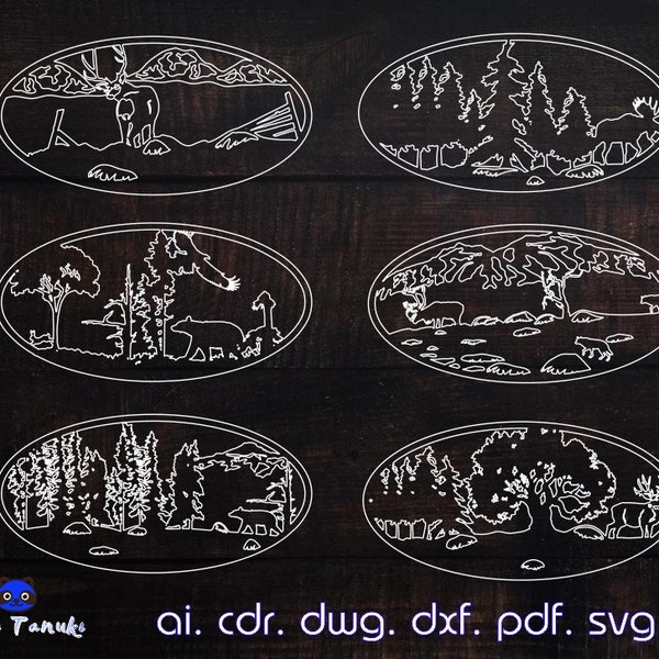 10 Oval Nature Wildlife Scene SVG Bundle, Snowy Mountain Forest Animals Vector, Woodland Silhouette, Grass clipart Cricut cut file, PNG dxf