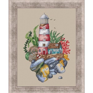 Lighthouse on stones - PDF cross stitch pattern - Needlepoint Pattern Embroidery Chart Printable PDF Instant Download DMC