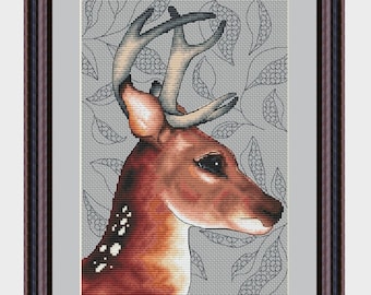 Spirit of The Forest - PDF cross stitch pattern - Deer embroidery  - Blackwork and water color styles - Deer counted pdf pattern