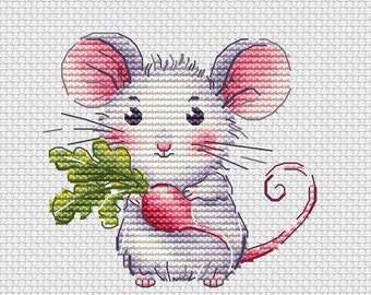 Cute Little mouse with radish - PDF cross stitch mice pattern  Mouse collection Cross Stitching Animals Embroidery Baby Motif