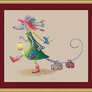 Kleine schattige muis PDF-kruissteekpatroon - Grappige muis - Reiziger geteld pdf-diagram - Muismeisje borduurpatroon