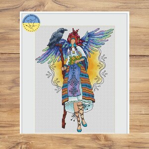 Ukrainian Motanka PDF Cross Stitch Pattern - Witch with black Raven counted chart - Slavic woman embroidery - Folk style xstitch pattern